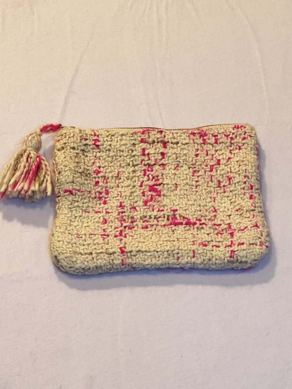 Creative Co-Op Pink Cream Woven Cotton Tassel Pouch Clutch NWOT